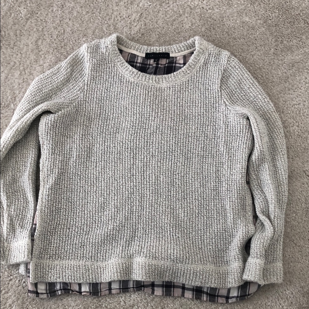 Sanctuary Cream Knit Sweater with Pink and Black Plaid Trim